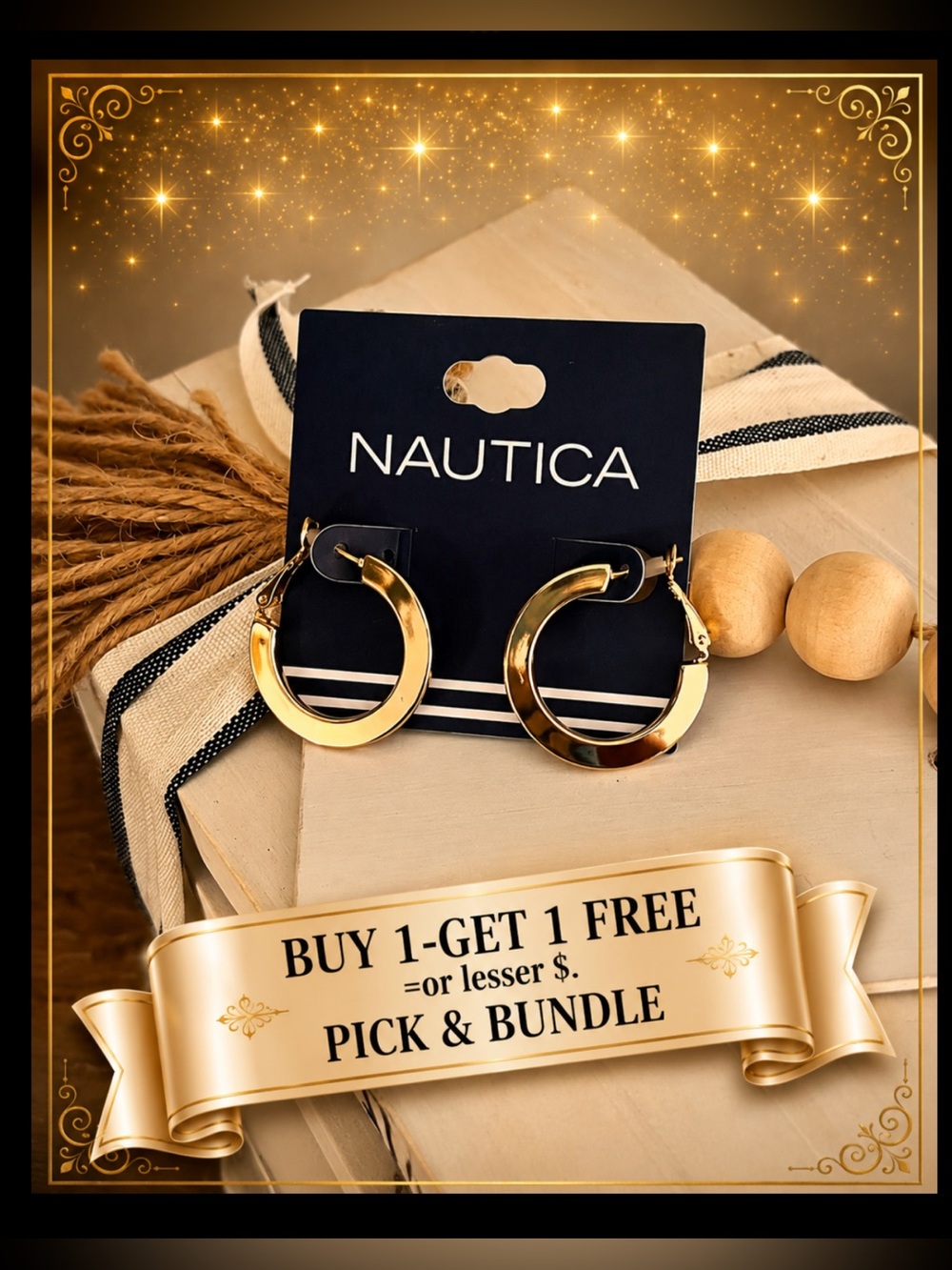 Nautica Flat Hoop Earrings Gold Tone Metal NWOT